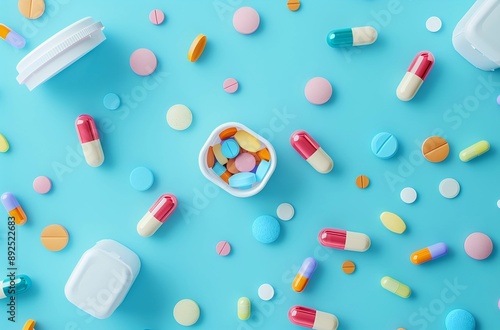 Colorful Pills and Capsules on a Light Blue Background, a Top View of Medicine Tablets with a Plastic Box 