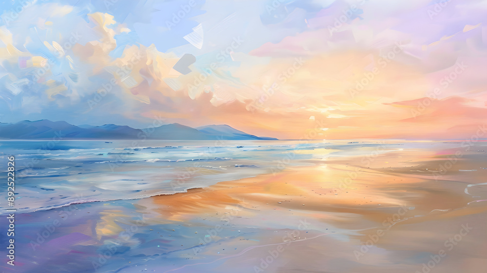 Sunset Serenity: A Peaceful Beachfront Harmony of Pastel Hues and Reflective Waters Sunset Serenity: A Peaceful Beachfront Harmony of Pastel Hues and Reflective Waters