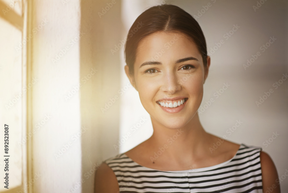 Window, portrait and business woman in office for confidence, job opportunity or career growth. Lens flare, professional and employee with smile for ambition, happiness or internship at media agency Window, portrait and business woman in office for confidence, job opportunity or career growth. Lens flare, professional and employee with smile for ambition, happiness or internship at media agency