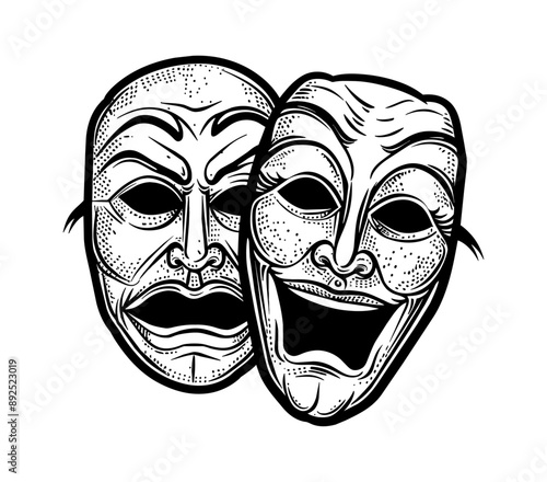 sad smile mask engraving black and white outline