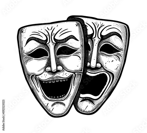 sad smile mask engraving black and white outline
