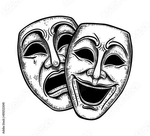 sad smile mask engraving black and white outline