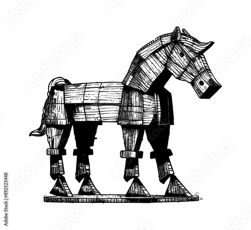 trojan horse engraving black and white outline