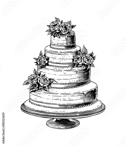 wedding cake engraving black and white outline