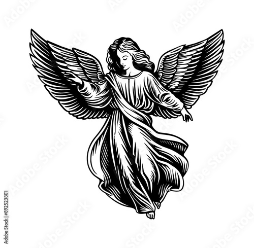 angel engraving black and white outline