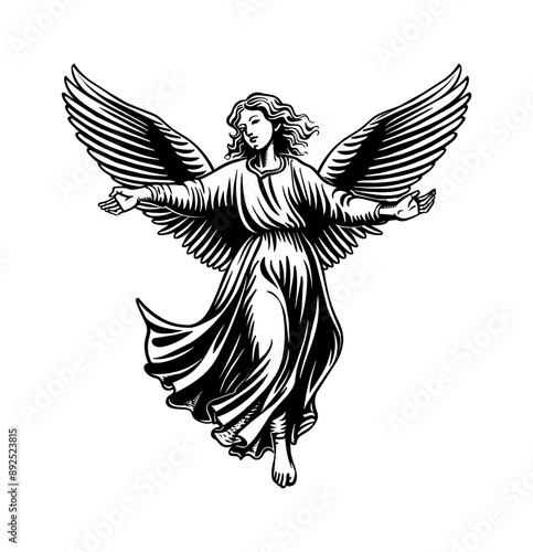 angel engraving black and white outline
