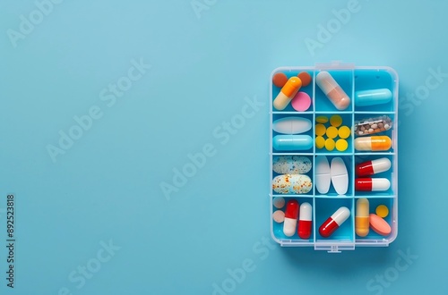 Colorful Pills and Capsules on a Light Blue Background, a Top View of Medicine Tablets with a Plastic Box 