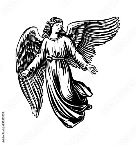 angel engraving black and white outline