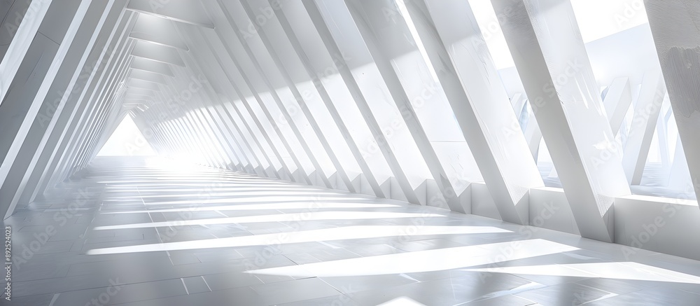 Abstract white interior background with empty corridor and triangle shapes, futuristic architecture concept, copy space, 3d rendering Abstract white interior background with empty corridor and triangle shapes, futuristic architecture concept, copy space, 3d rendering