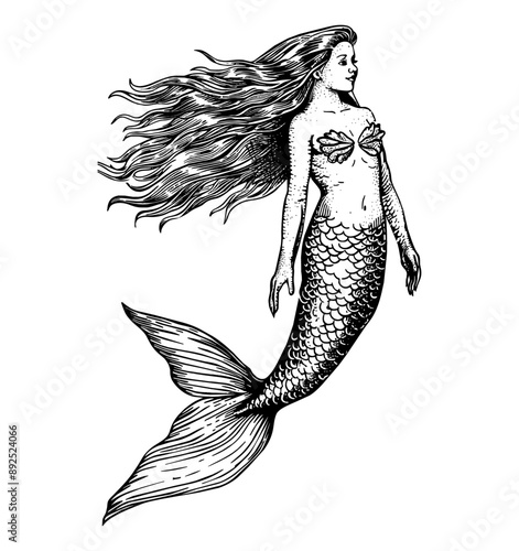 mermaid engraving black and white outline