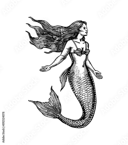 mermaid engraving black and white outline