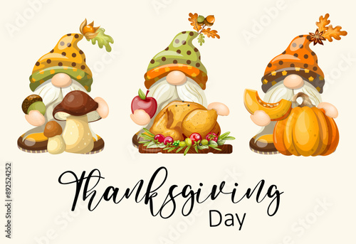 Thanksgiving set three cute dwarves with food