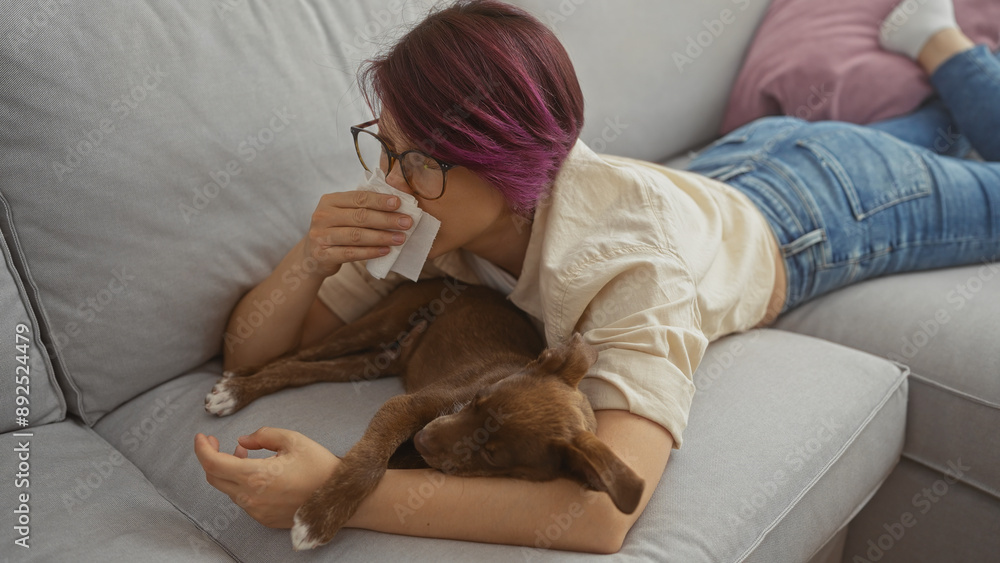 A young caucasian woman with glasses lays on a sofa with a brown dog in a cozy living room, holding a tissue to her nose. A young caucasian woman with glasses lays on a sofa with a brown dog in a cozy living room, holding a tissue to her nose.