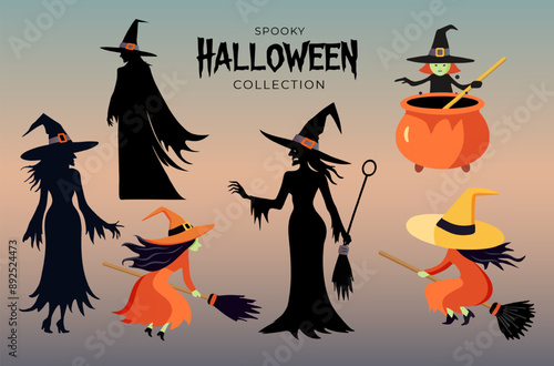Vector set of witches. Silhouette of a witch, cartoon witch. Witchcraft. Witch on a broom. Halloween concept