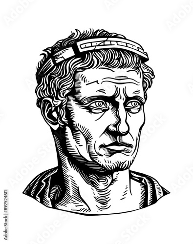julius caesar head statue engraving black and white outline