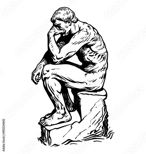 thinker statue engraving black and white outline