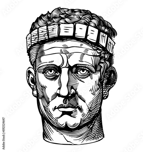 julius caesar head statue engraving black and white outline