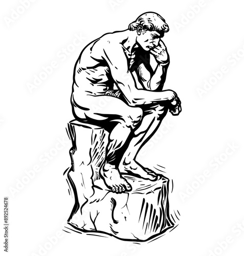 thinker statue engraving black and white outline