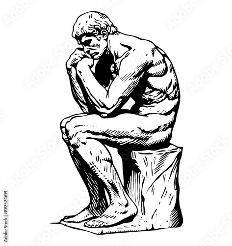 thinker statue engraving black and white outline