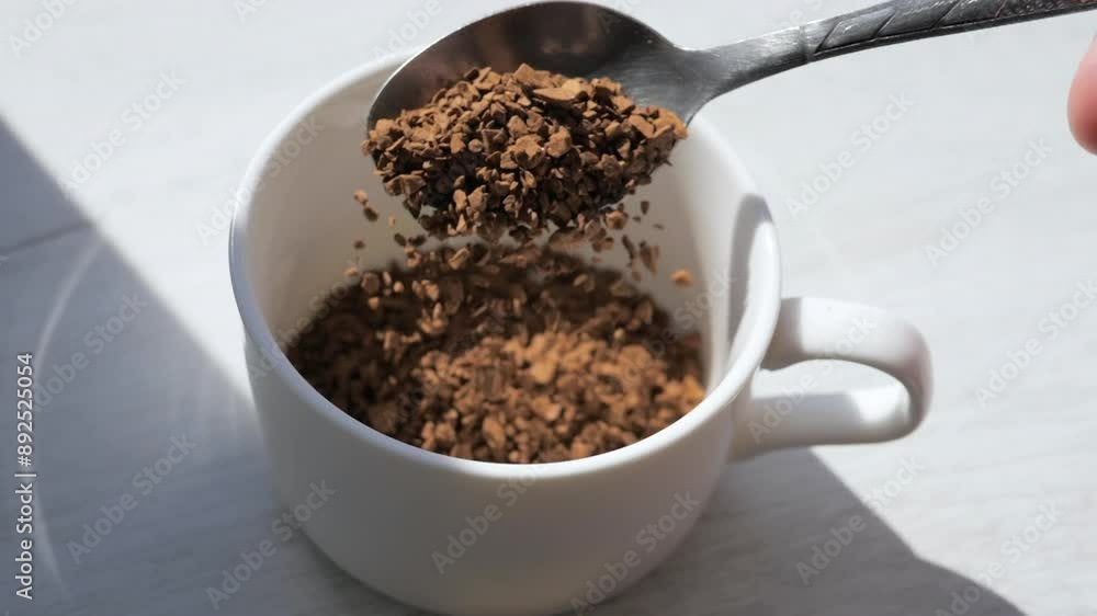Pour instant coffee into a coffee cup in slow motion. Top view, Sprinkle instant coffee beans with a spoon Pour instant coffee into a coffee cup in slow motion. Top view, Sprinkle instant coffee beans with a spoon