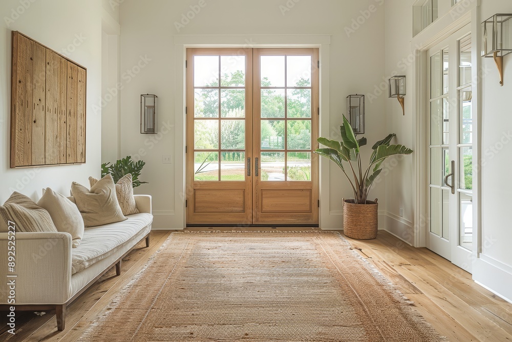 Fototapeta premium Head-on shot of front door in a white beach-style home with light wood floors, art above the bench, and symmetrical design, illuminated by morning light.