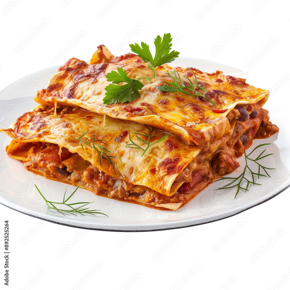 Isolated Plate of Delicious Layered Lasagna with Herbs and Cheese. Isolated Plate of Delicious Layered Lasagna with Herbs and Cheese.