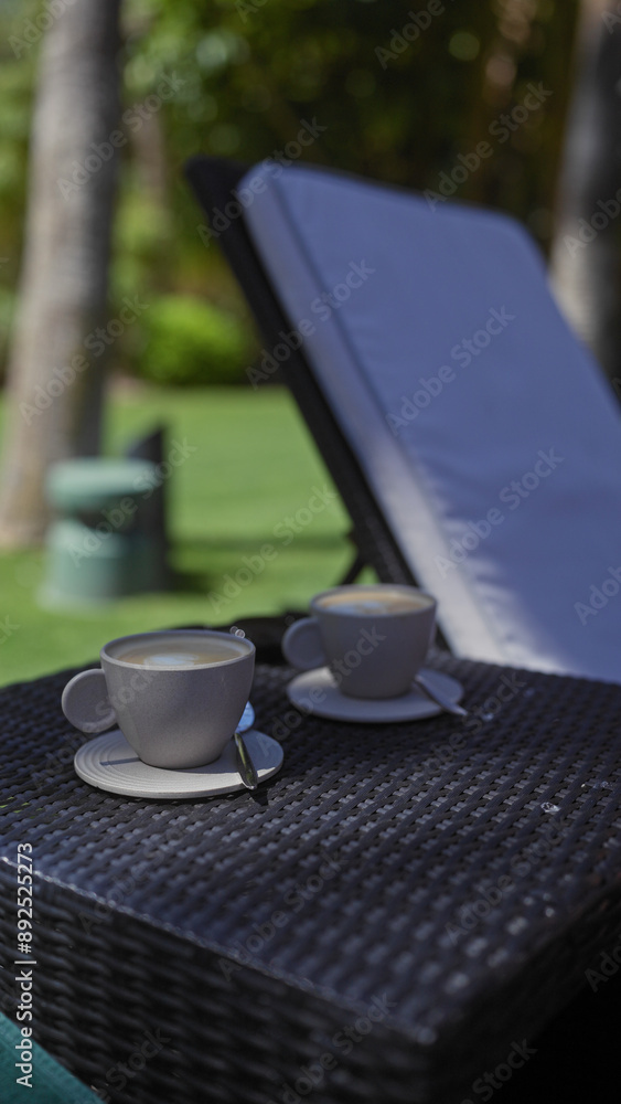 Εκτύπωση καμβά Two ceramic cups of coffee on a wicker table with lush greenery in the background imply a tranquil outdoor setting