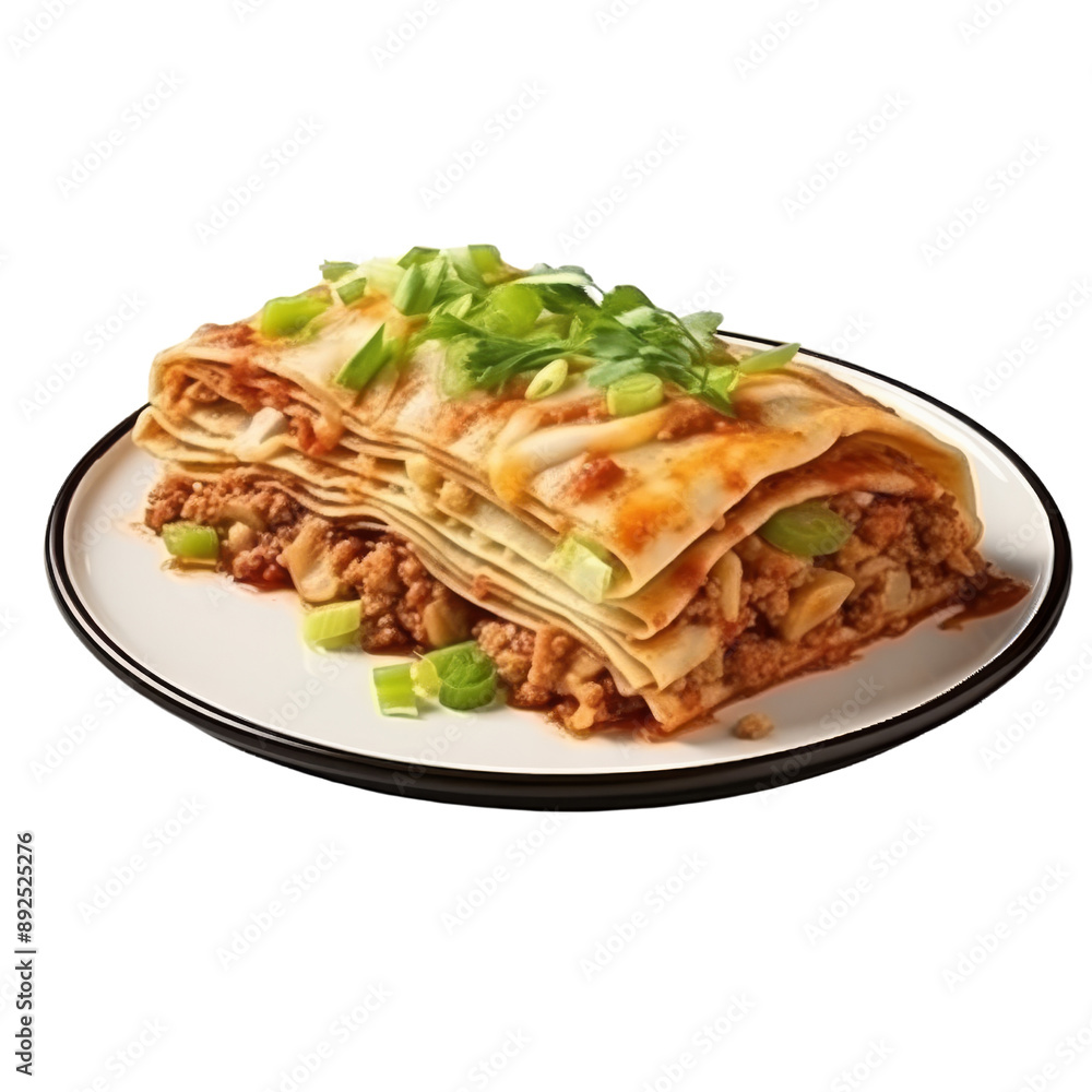 Fototapeta premium Isolated Enchilada Dish with Ground Meat and Green Onions.