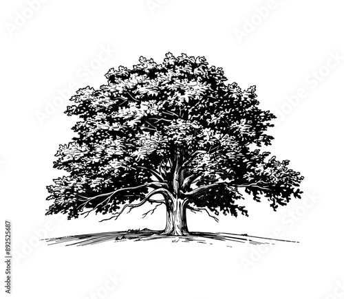 oak tree engraving black and white outline