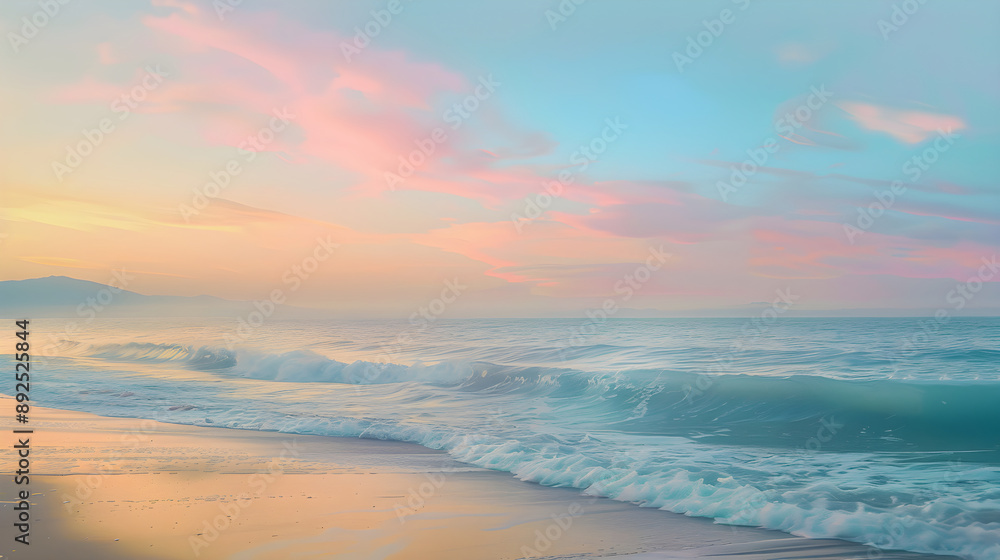 Sunset Serenity: A Peaceful Beachfront Harmony of Pastel Hues and Reflective Waters Sunset Serenity: A Peaceful Beachfront Harmony of Pastel Hues and Reflective Waters
