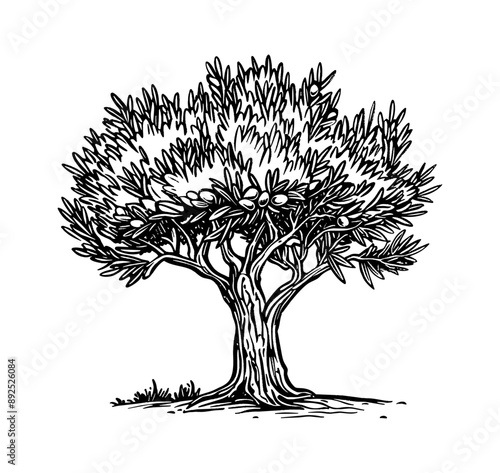 olive tree engraving black and white outline
