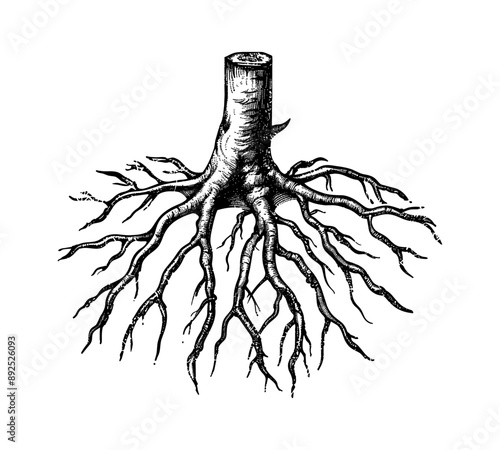root tree engraving black and white outline