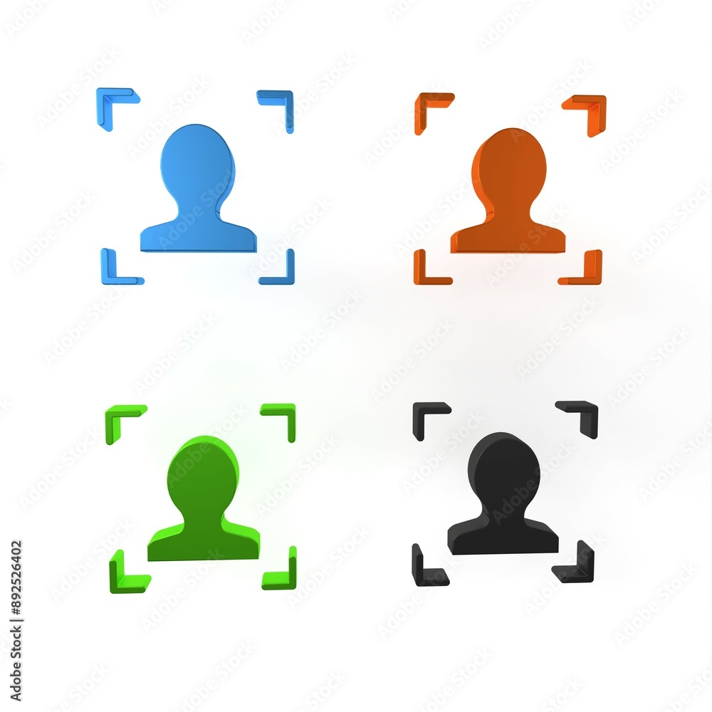 Colorful Face recognition icon isolated on white background. Face identification scanner icon. Facial id. Cyber security concept. Minimalism concept. 3D render illustration Colorful Face recognition icon isolated on white background. Face identification scanner icon. Facial id. Cyber security concept. Minimalism concept. 3D render illustration
