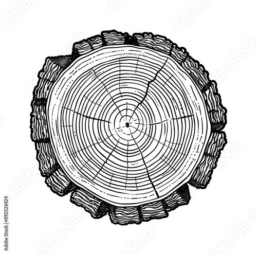 cross section tree wood engraving black and white outline