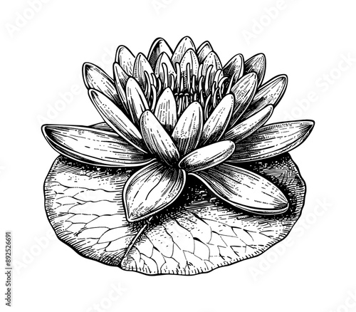 water lily engraving black and white outline