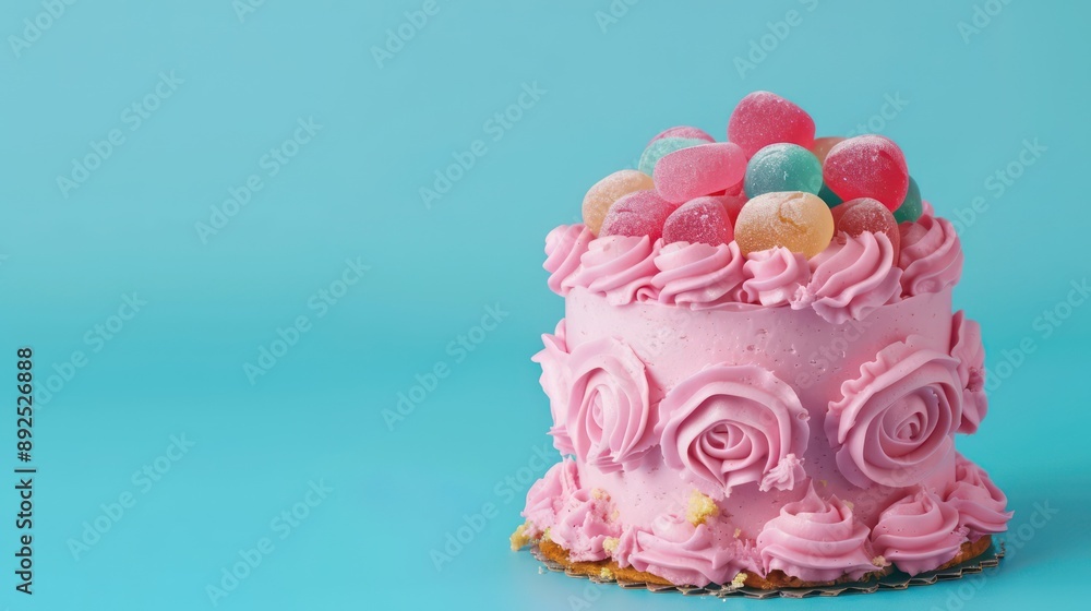 playful bubblegum cake with bubblegum flavored frosting on a bright blue background, fun and inviting for cheerful text playful bubblegum cake with bubblegum flavored frosting on a bright blue background, fun and inviting for cheerful text