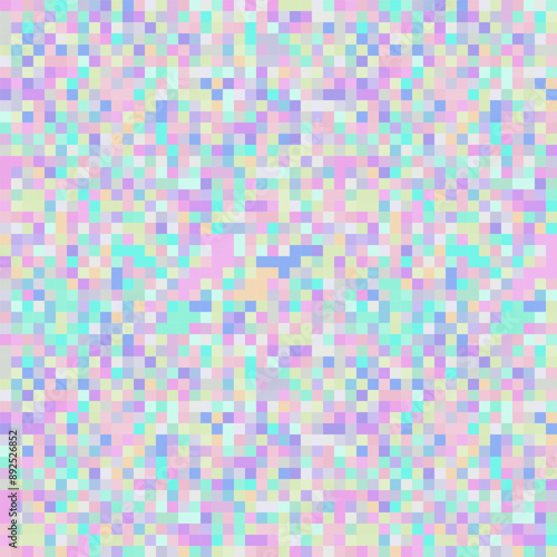 Holographic neon pastel unicorn colorful square mosaic seamless pattern. Trendy iridescent rainbow texture. Modern pearlescent abstract magical fairy background.