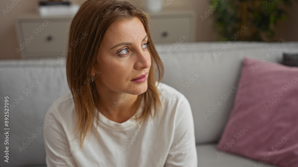 Attractive caucasian woman sitting indoors in a living room, with blonde hair, looking thoughtful, providing a serene and cozy home environment. Attractive caucasian woman sitting indoors in a living room, with blonde hair, looking thoughtful, providing a serene and cozy home environment.