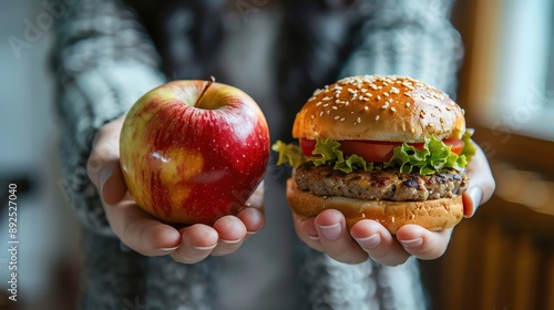 Contrasting hands with one holding an apple and the other a hamburger, representing the decision between nutritious and junk food
