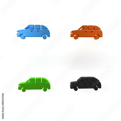 Colorful Hatchback car icon isolated on white background. Minimalism concept. 3D render illustration