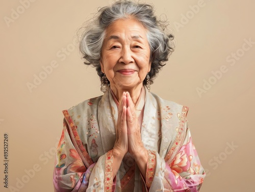 Senior Asian woman with her hands in a prayer posi 83 1 woman, beauty, fashion, smile, hair, blond, senior, dress, lady, model, person, smiling, face, mature, blonde, people, old, studio, eyes, style, photo