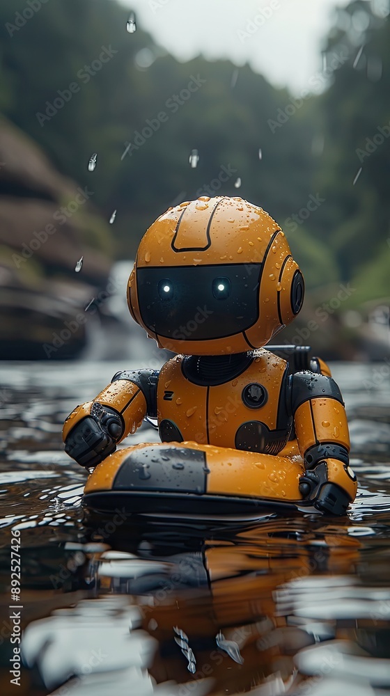 Summer minimal concept with a toy robot in a boat Summer minimal concept with a toy robot in a boat