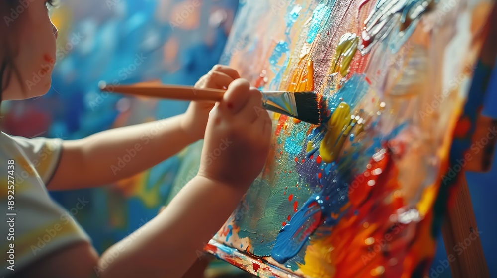 Fototapeta premium Close-up of children's hands painting colorful pictures