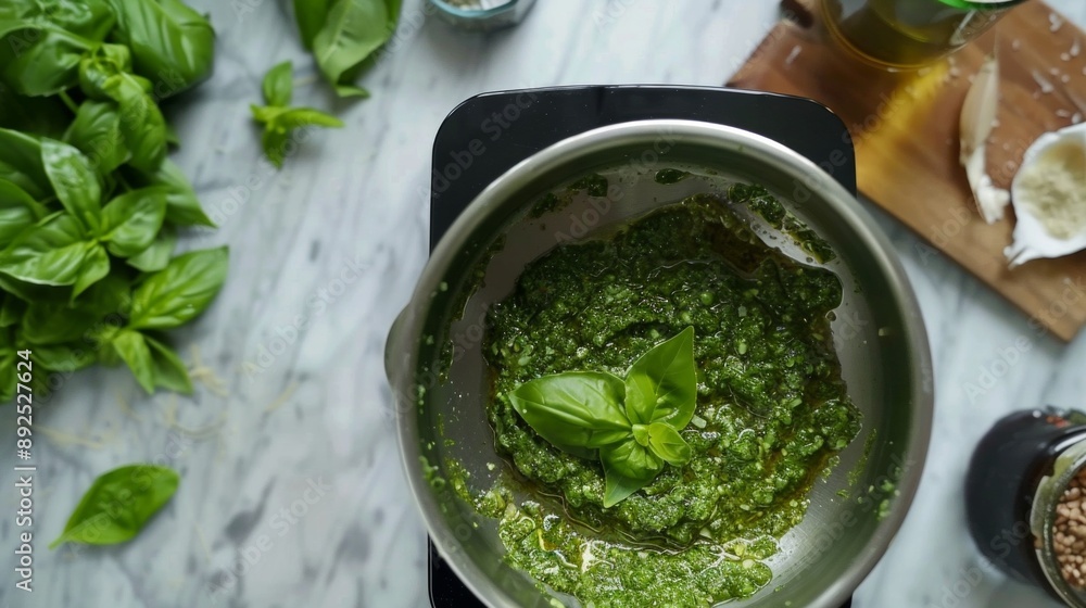 Obraz premium Chopping basil leaves with a food processor to make pesto sauce