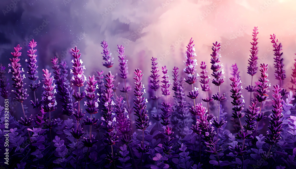 Naklejka premium A captivating field of vibrant purple flowers under a mystical sky, showcasing nature's beauty and tranquility.