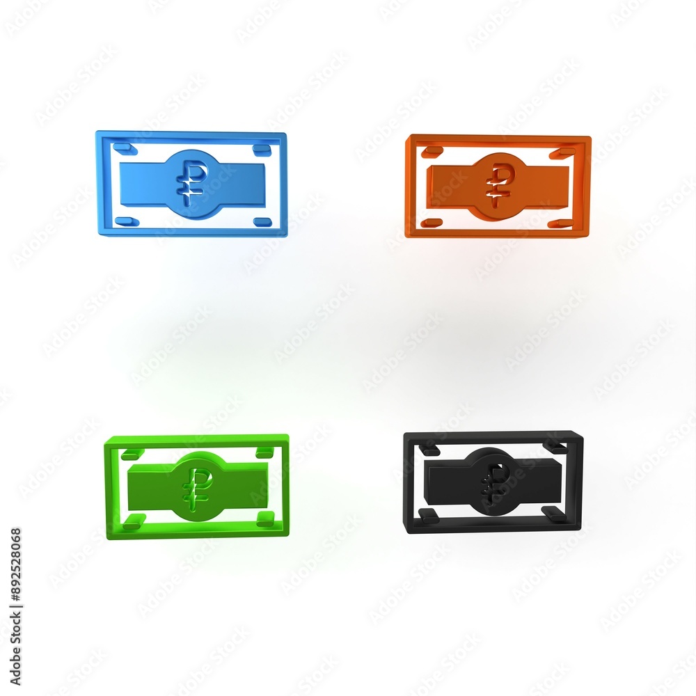 Colorful Russian ruble banknote icon isolated on white background. Minimalism concept. 3D render illustration Colorful Russian ruble banknote icon isolated on white background. Minimalism concept. 3D render illustration
