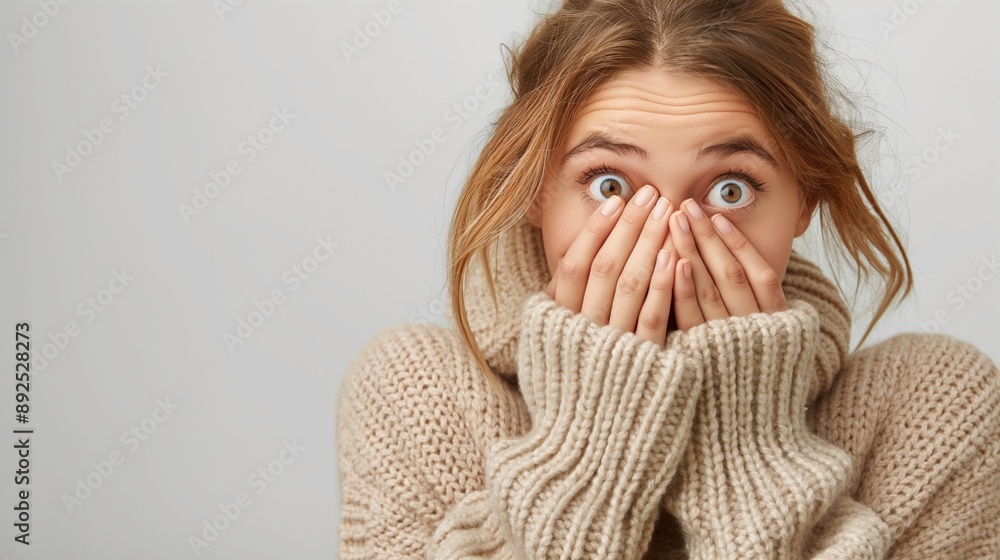 A woman emotionally covering her eyes with her hands in shock and surprise A woman emotionally covering her eyes with her hands in shock and surprise