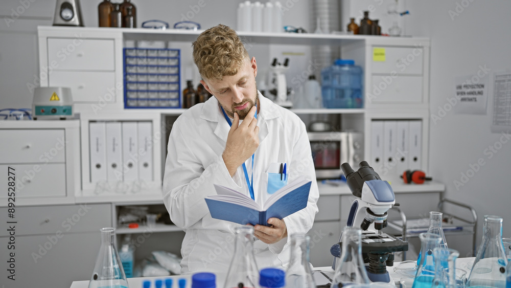Caucasian male scientist with a beard and blue eyes thoughtfully reads a book in a white laboratory setting. Caucasian male scientist with a beard and blue eyes thoughtfully reads a book in a white laboratory setting.