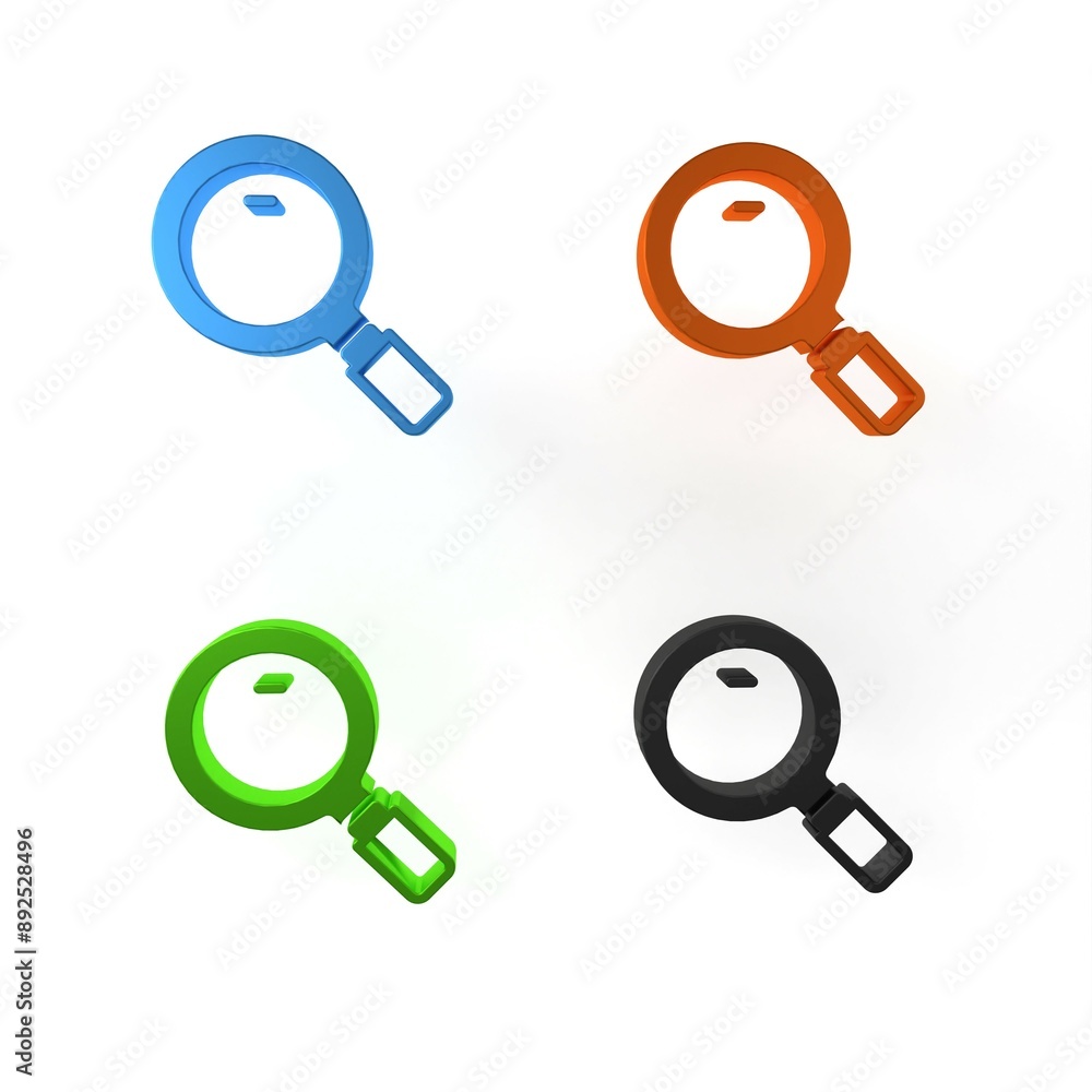 Colorful Magnifying glass icon isolated on white background. Search, focus, zoom, business symbol. Minimalism concept. 3D render illustration Colorful Magnifying glass icon isolated on white background. Search, focus, zoom, business symbol. Minimalism concept. 3D render illustration