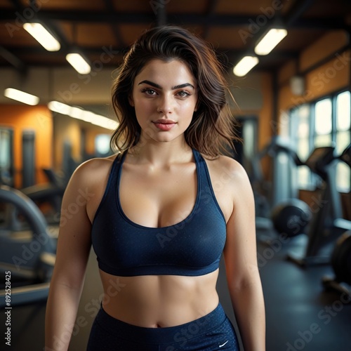 Overweight fat plus size woman in sportswear doing fitness in the gym, exercising to lose weight